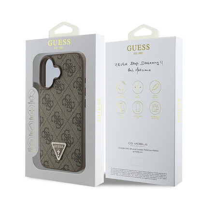 iPhone 16 Kılıf Guess Orjinal Lisanslı PU Deri Taşlı Üçgen Logo 4G Desenli Strass Kılıf