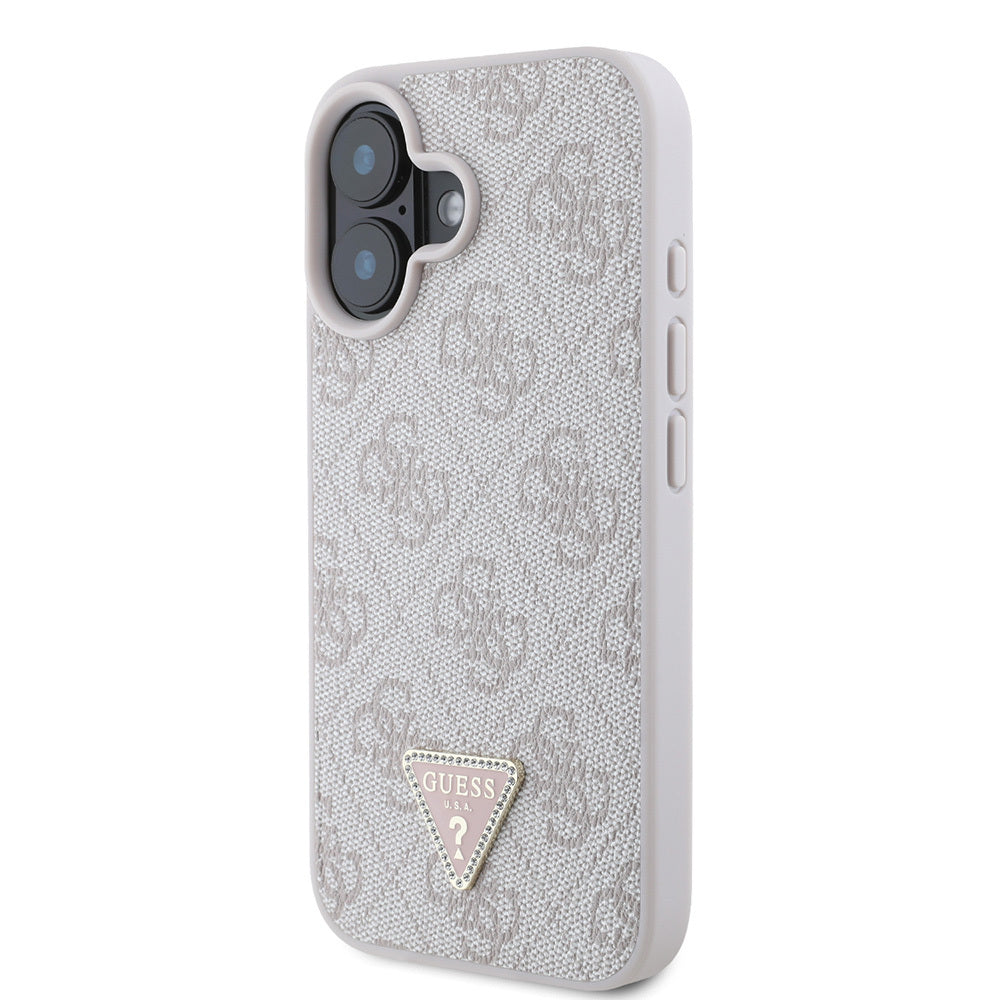 iPhone 16 Kılıf Guess Orjinal Lisanslı PU Deri Taşlı Üçgen Logo 4G Desenli Strass Kılıf