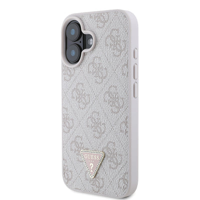 Apple iPhone 16 Kılıf Guess Orjinal Lisanslı PU Deri Taşlı Üçgen Logo 4G Desenli Strass Kapak Pembe