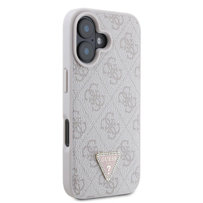 Apple iPhone 16 Kılıf Guess Orjinal Lisanslı PU Deri Taşlı Üçgen Logo 4G Desenli Strass Kapak Pembe