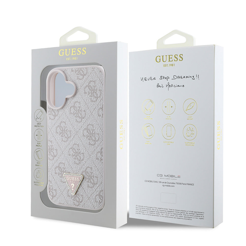iPhone 16 Kılıf Guess Orjinal Lisanslı PU Deri Taşlı Üçgen Logo 4G Desenli Strass Kılıf
