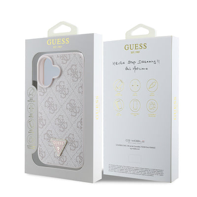Apple iPhone 16 Kılıf Guess Orjinal Lisanslı PU Deri Taşlı Üçgen Logo 4G Desenli Strass Kapak Pembe