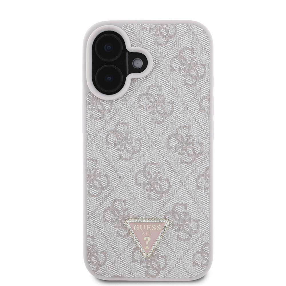 iPhone 16 Kılıf Guess Orjinal Lisanslı PU Deri Taşlı Üçgen Logo 4G Desenli Strass Kılıf