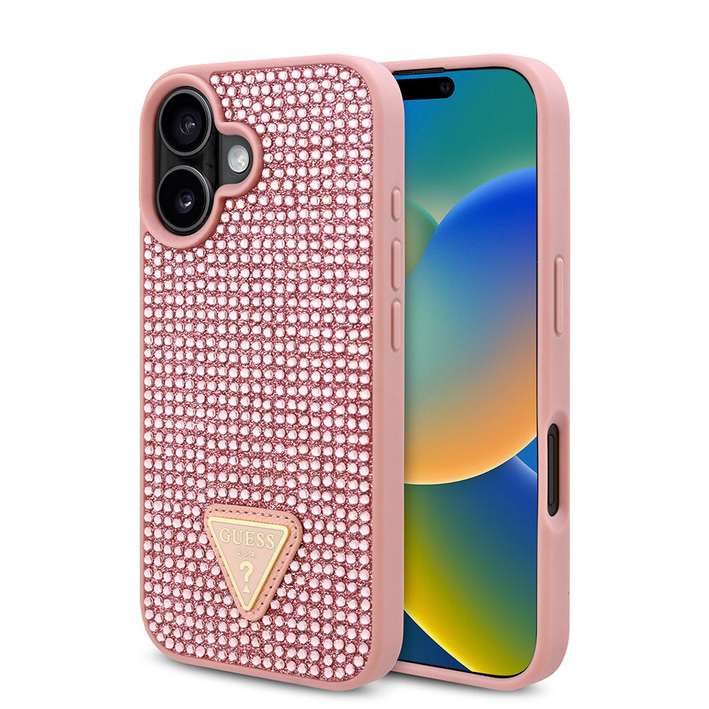 iPhone 16 Kılıf Guess Orjinal Lisanslı Taşlı Arka Yüzey Üçgen Logolu Kılıf