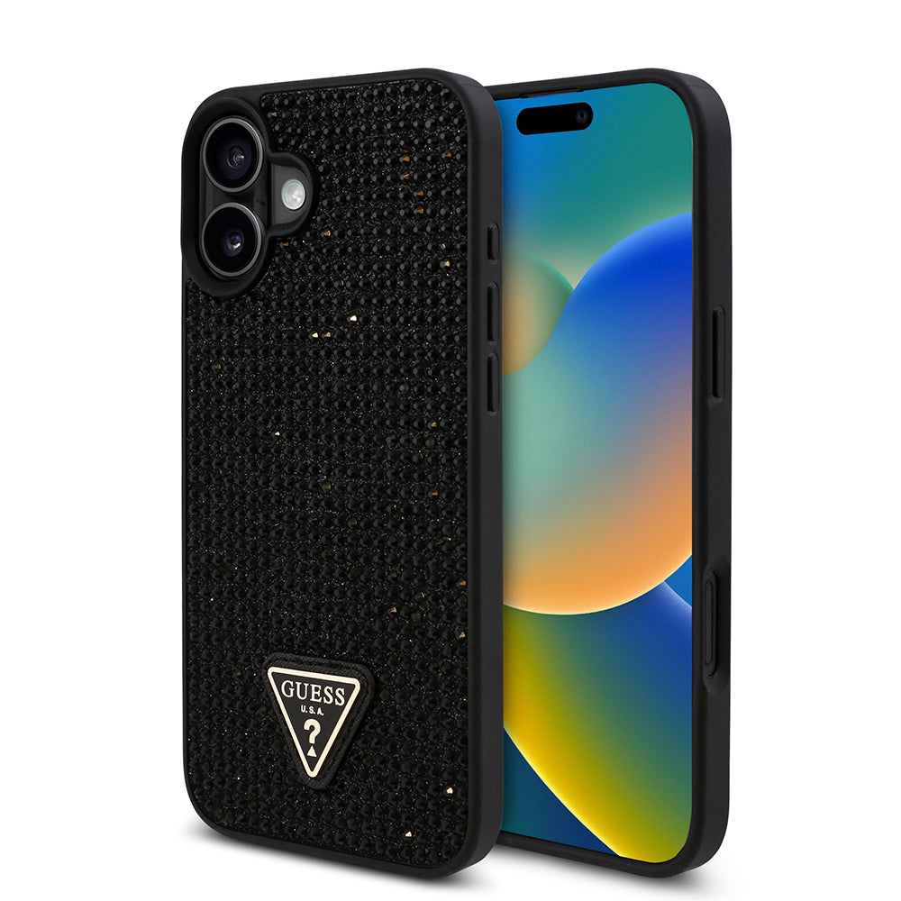 iPhone 16 Kılıf Guess Orjinal Lisanslı Taşlı Arka Yüzey Üçgen Logolu Kılıf