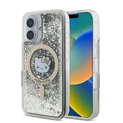 iPhone 16 Kılıf Hello Kitty Orjinal Lisanslı M-safe Şarj Özellikli IML Baskı Kitty Head Logolu Sıvılı Simli Altın Ateşi Kılıf