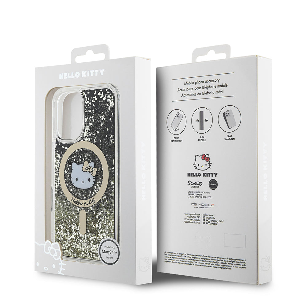 iPhone 16 Kılıf Hello Kitty Orjinal Lisanslı M-safe Şarj Özellikli IML Baskı Kitty Head Logolu Sıvılı Simli Altın Ateşi Kılıf