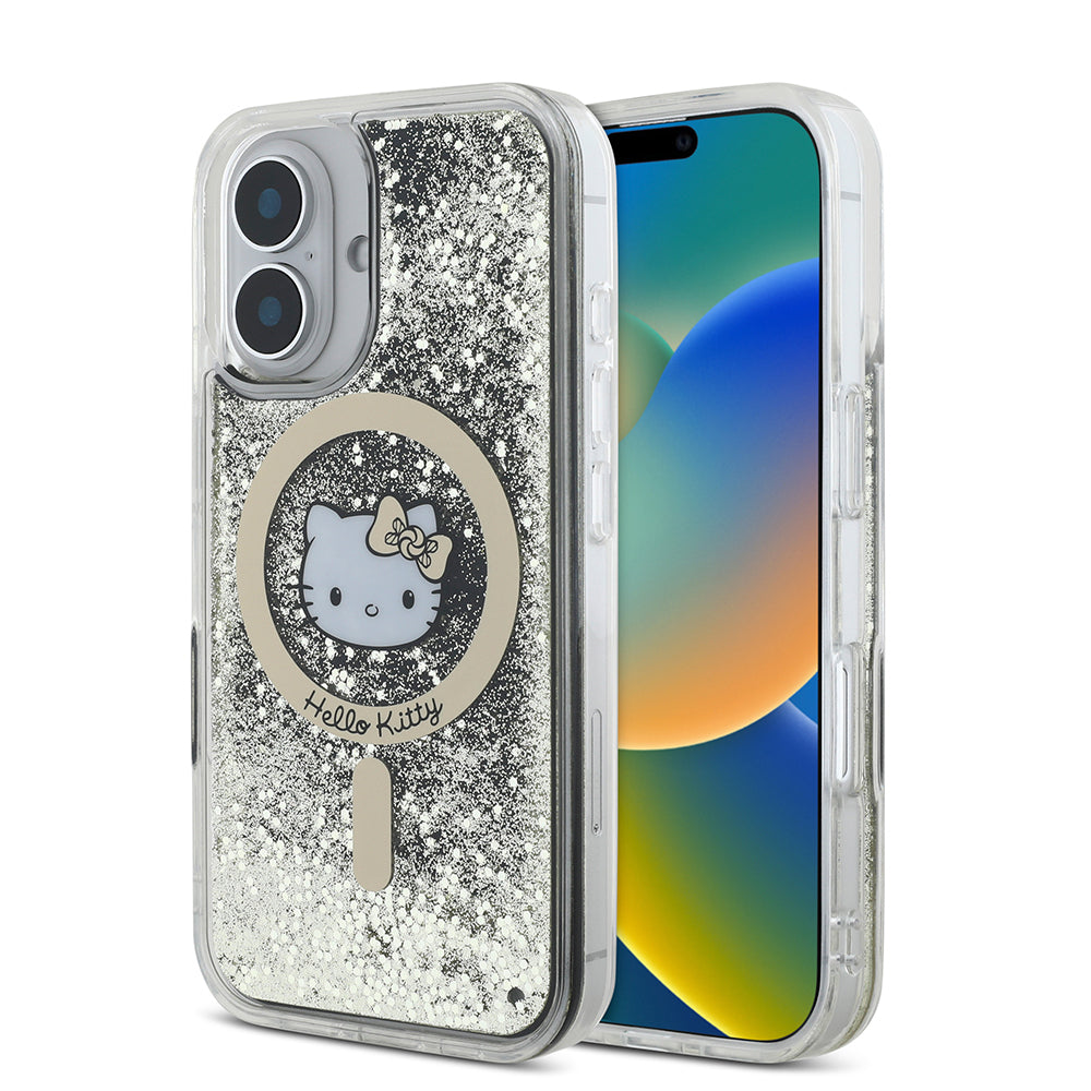 iPhone 16 Kılıf Hello Kitty Orjinal Lisanslı M-safe Şarj Özellikli IML Baskı Kitty Head Logolu Sıvılı Simli Altın Ateşi Kılıf