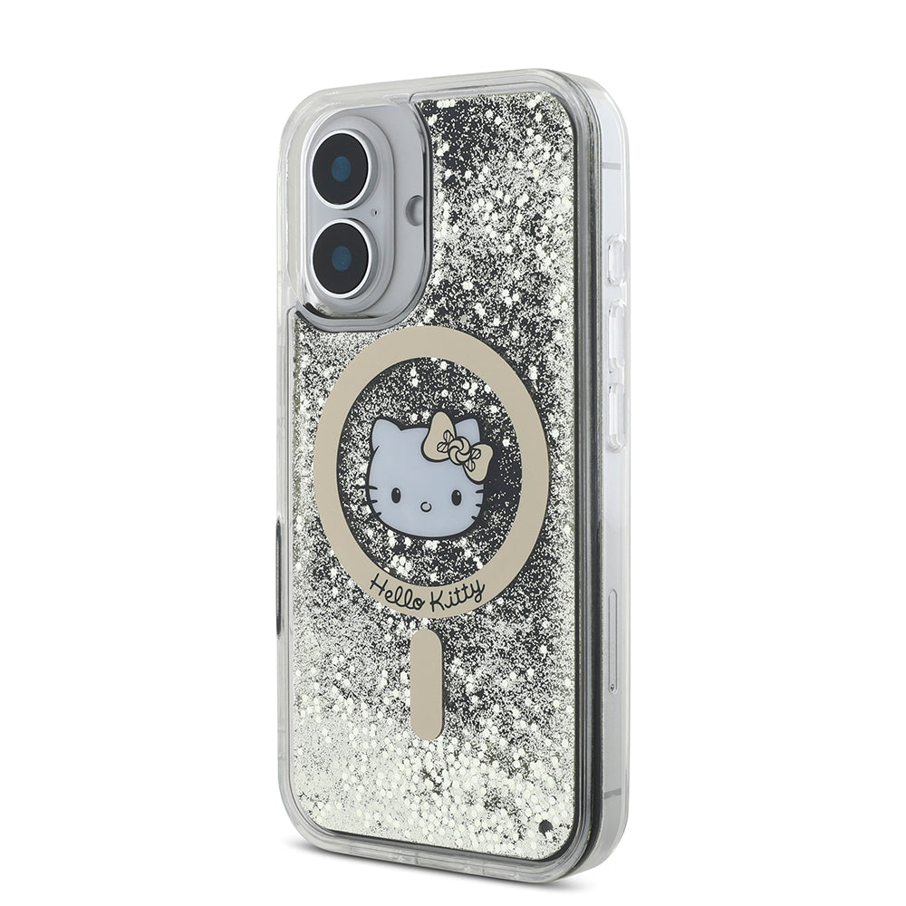 iPhone 16 Kılıf Hello Kitty Orjinal Lisanslı M-safe Şarj Özellikli IML Baskı Kitty Head Logolu Sıvılı Simli Altın Ateşi Kılıf