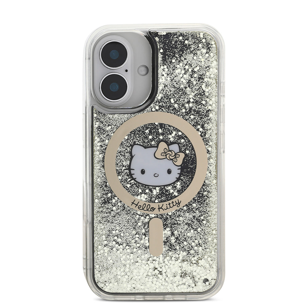 iPhone 16 Kılıf Hello Kitty Orjinal Lisanslı M-safe Şarj Özellikli IML Baskı Kitty Head Logolu Sıvılı Simli Altın Ateşi Kılıf
