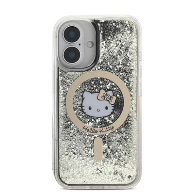 Apple iPhone 16 Kılıf Hello Kitty Orjinal Lisanslı Magsafe Şarj Özellikli IML Baskı Kitty Head Logolu Sıvılı Simli Altın Ateşi Kapak Siyah