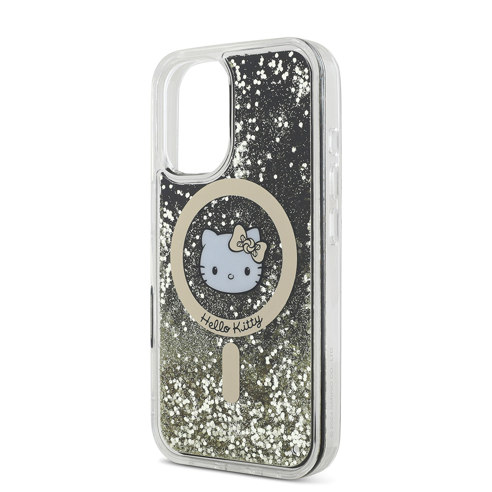 iPhone 16 Kılıf Hello Kitty Orjinal Lisanslı M-safe Şarj Özellikli IML Baskı Kitty Head Logolu Sıvılı Simli Altın Ateşi Kılıf