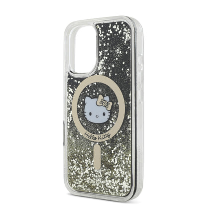 iPhone 16 Kılıf Hello Kitty Orjinal Lisanslı M-safe Şarj Özellikli IML Baskı Kitty Head Logolu Sıvılı Simli Altın Ateşi Kılıf