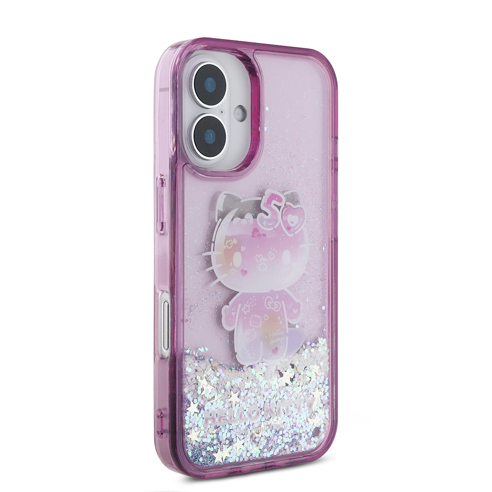 iPhone 16 Kılıf Hello Kitty Orjinal Lisanslı Sıvılı Simli 50. Yıldönümü Partisi Kılıf