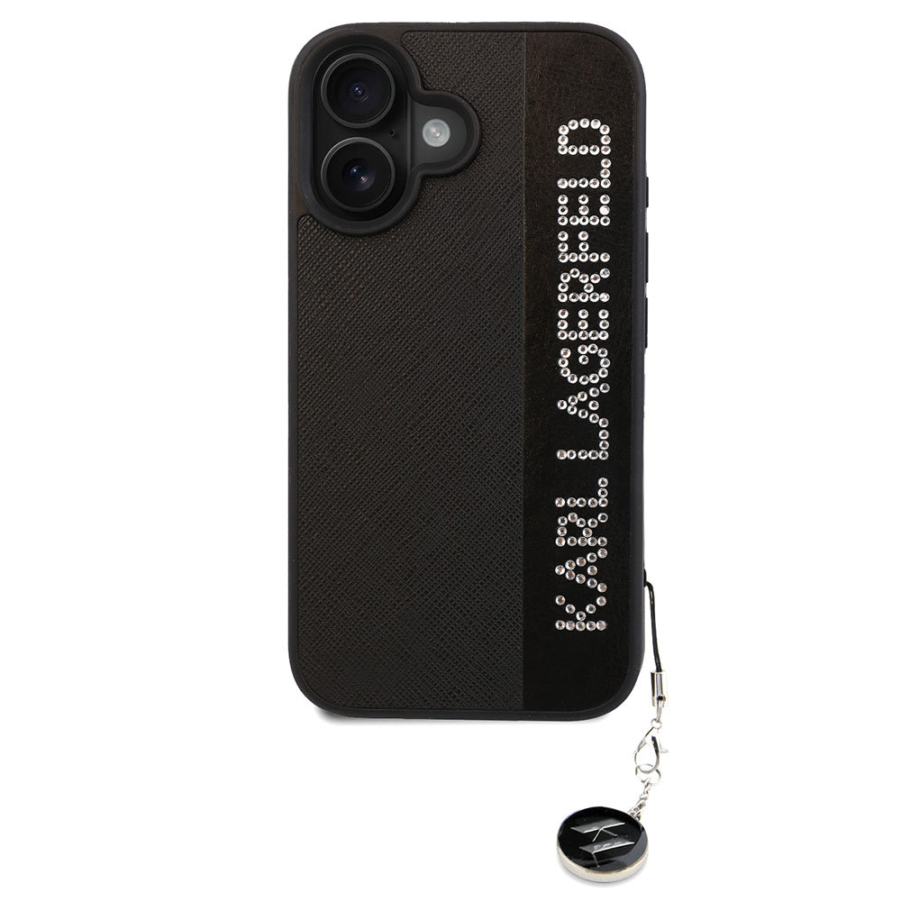 Apple iPhone 16 Kılıf Karl Lagerfeld Orjinal Lisanslı Anahtarlıklı Taşlı KL Yazılı Saffiano Rhinestones Kapak Pembe