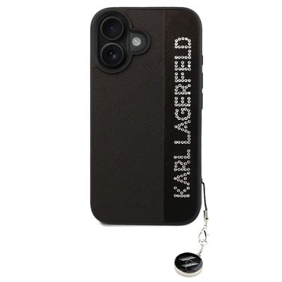 Apple iPhone 16 Kılıf Karl Lagerfeld Orjinal Lisanslı Anahtarlıklı Taşlı KL Yazılı Saffiano Rhinestones Kapak Pembe