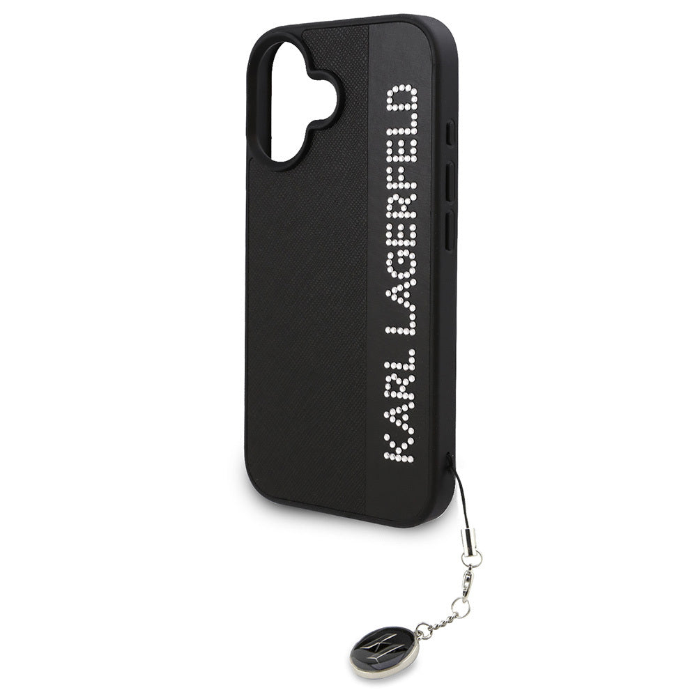 Apple iPhone 16 Kılıf Karl Lagerfeld Orjinal Lisanslı Anahtarlıklı Taşlı KL Yazılı Saffiano Rhinestones Kapak Pembe