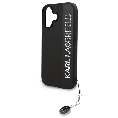 Apple iPhone 16 Kılıf Karl Lagerfeld Orjinal Lisanslı Anahtarlıklı Taşlı KL Yazılı Saffiano Rhinestones Kapak Pembe