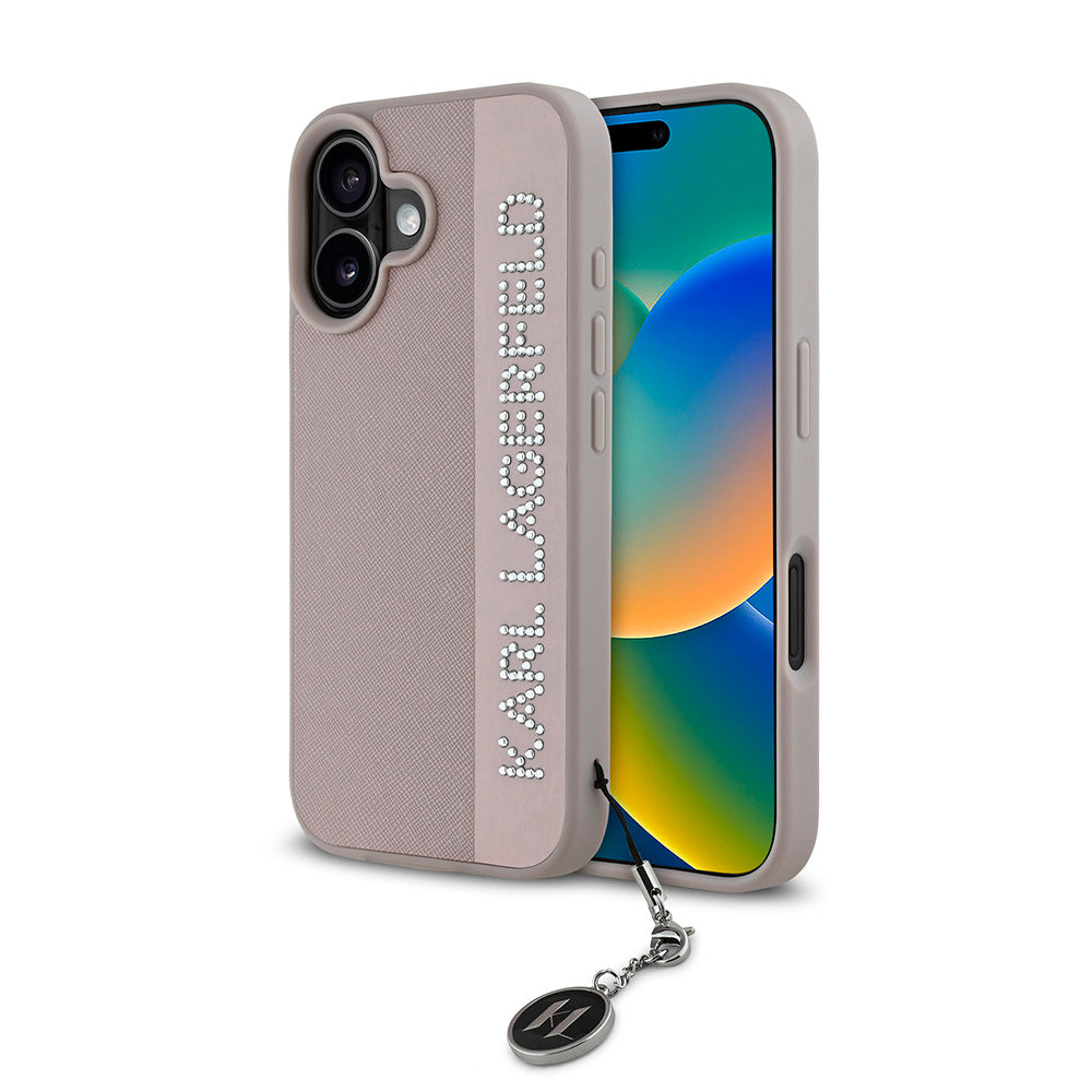 iPhone 16 Kılıf Karl Lagerfeld Orjinal Lisanslı Anahtarlıklı Taşlı KL Yazılı Saffiano Rhinestones Kılıf
