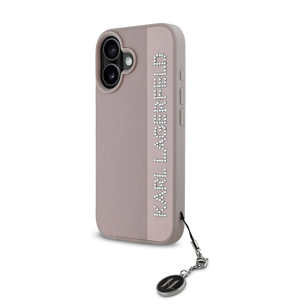 iPhone 16 Kılıf Karl Lagerfeld Orjinal Lisanslı Anahtarlıklı Taşlı KL Yazılı Saffiano Rhinestones Kılıf