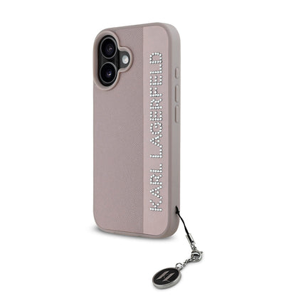 iPhone 16 Kılıf Karl Lagerfeld Orjinal Lisanslı Anahtarlıklı Taşlı KL Yazılı Saffiano Rhinestones Kılıf