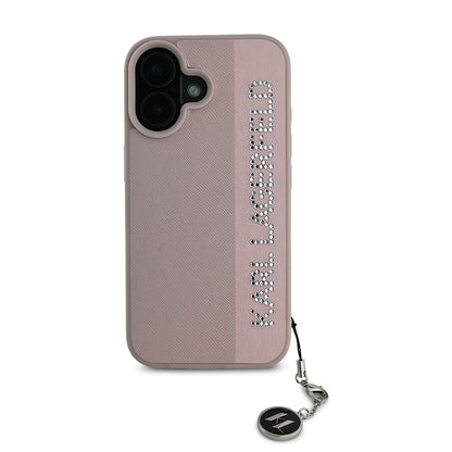 iPhone 16 Kılıf Karl Lagerfeld Orjinal Lisanslı Anahtarlıklı Taşlı KL Yazılı Saffiano Rhinestones Kılıf
