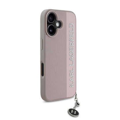 iPhone 16 Kılıf Karl Lagerfeld Orjinal Lisanslı Anahtarlıklı Taşlı KL Yazılı Saffiano Rhinestones Kılıf