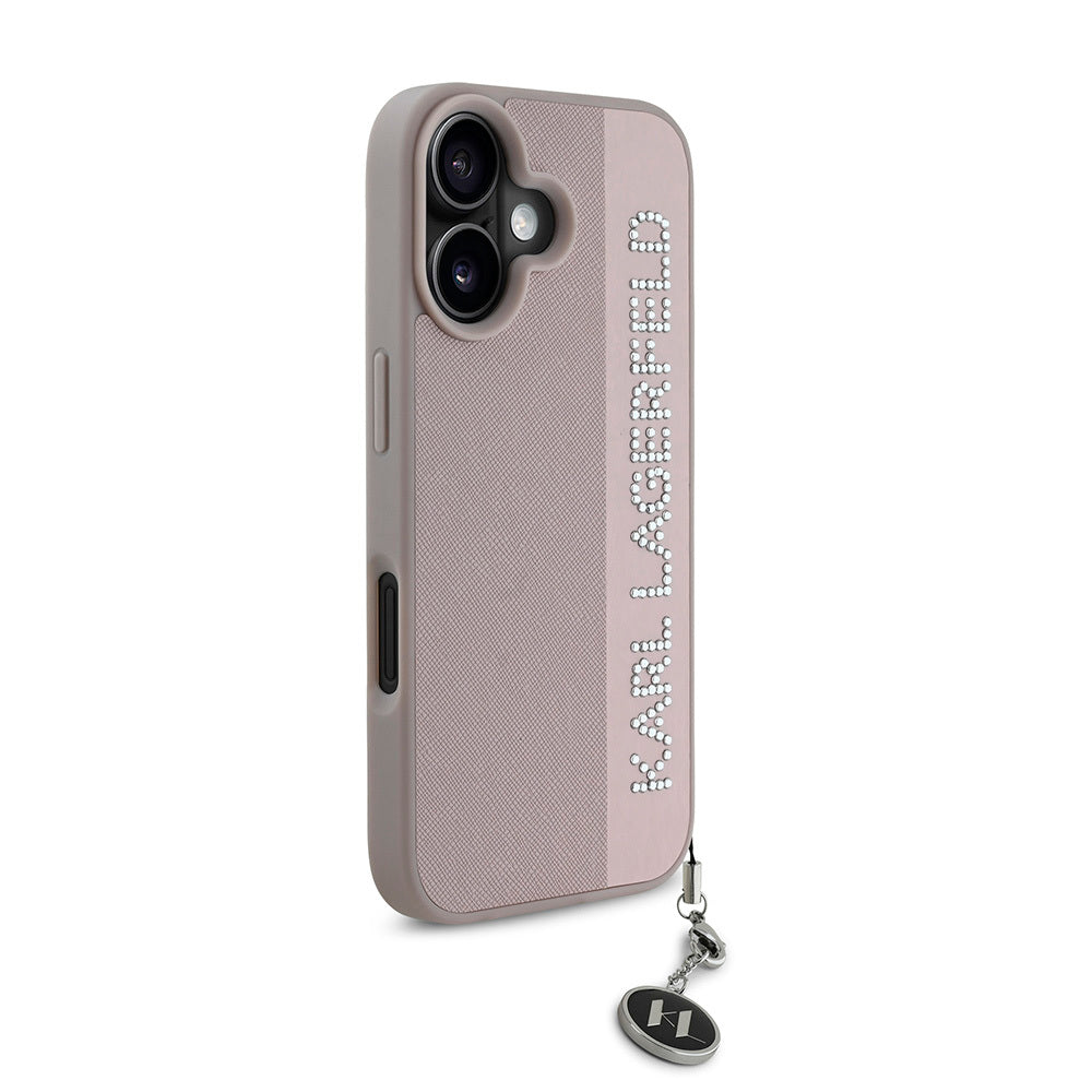 Apple iPhone 16 Kılıf Karl Lagerfeld Orjinal Lisanslı Anahtarlıklı Taşlı KL Yazılı Saffiano Rhinestones Kapak Pembe