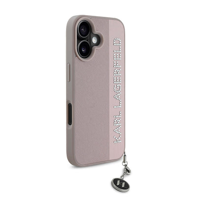 Apple iPhone 16 Kılıf Karl Lagerfeld Orjinal Lisanslı Anahtarlıklı Taşlı KL Yazılı Saffiano Rhinestones Kapak Pembe