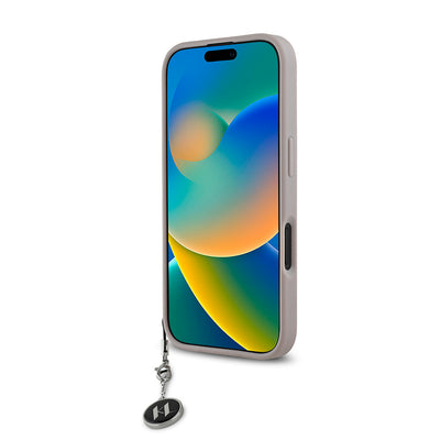 Apple iPhone 16 Kılıf Karl Lagerfeld Orjinal Lisanslı Anahtarlıklı Taşlı KL Yazılı Saffiano Rhinestones Kapak Pembe