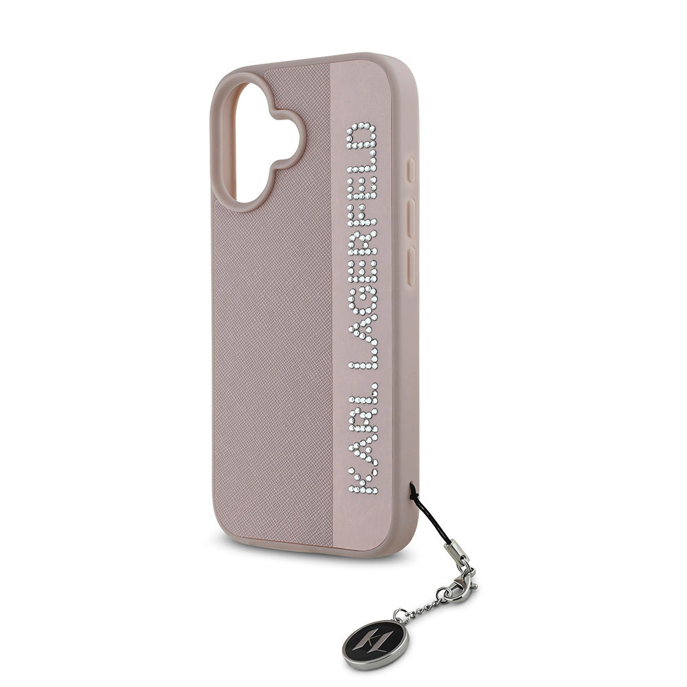 iPhone 16 Kılıf Karl Lagerfeld Orjinal Lisanslı Anahtarlıklı Taşlı KL Yazılı Saffiano Rhinestones Kılıf