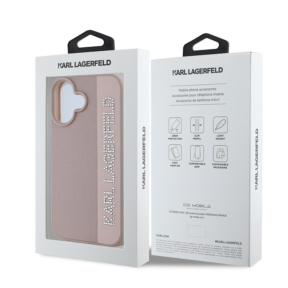 iPhone 16 Kılıf Karl Lagerfeld Orjinal Lisanslı Anahtarlıklı Taşlı KL Yazılı Saffiano Rhinestones Kılıf