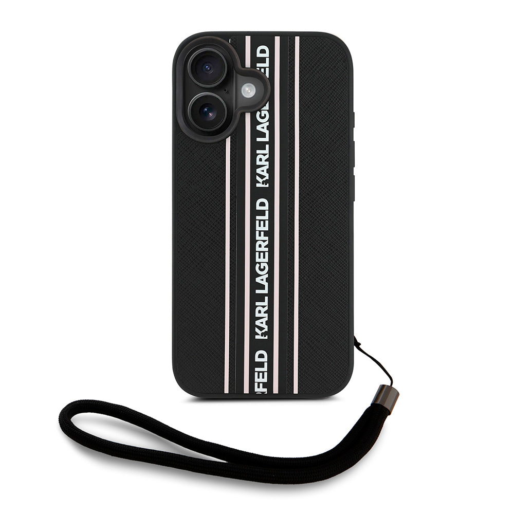 iPhone 16 Kılıf Karl Lagerfeld Orjinal Lisanslı Askılı Saffiano Athleisure Şerit Çizgili Kılıf