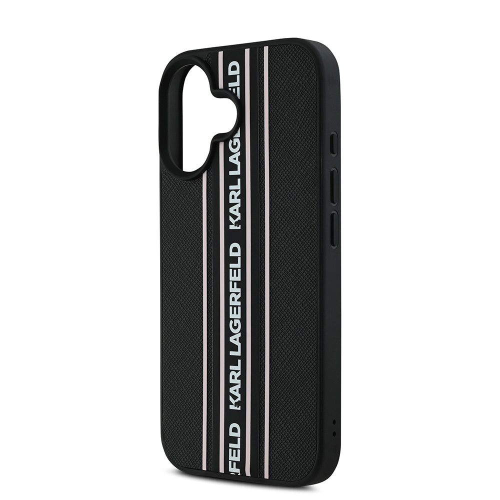 Apple iPhone 16 Kılıf Karl Lagerfeld Orjinal Lisanslı Askılı Saffiano Athleisure Şerit Çizgili Kapak Siyah-Pembe