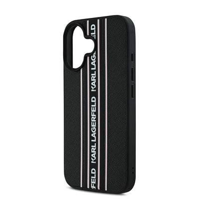 Apple iPhone 16 Kılıf Karl Lagerfeld Orjinal Lisanslı Askılı Saffiano Athleisure Şerit Çizgili Kapak Siyah-Pembe