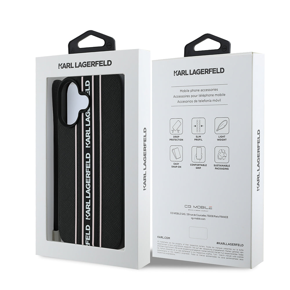 iPhone 16 Kılıf Karl Lagerfeld Orjinal Lisanslı Askılı Saffiano Athleisure Şerit Çizgili Kılıf