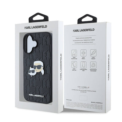 Apple iPhone 16 Kılıf Karl Lagerfeld Orjinal Lisanslı K&C Heads Monogram Pin Kapak Siyah
