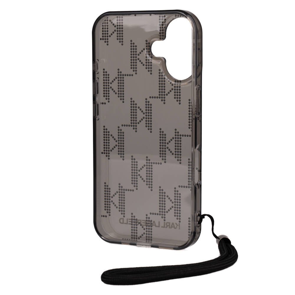 iPhone 16 Kılıf Karl Lagerfeld Orjinal Lisanslı KL Desenli Saydam Bilek Askı İpli Klasik Logolu Kılıf