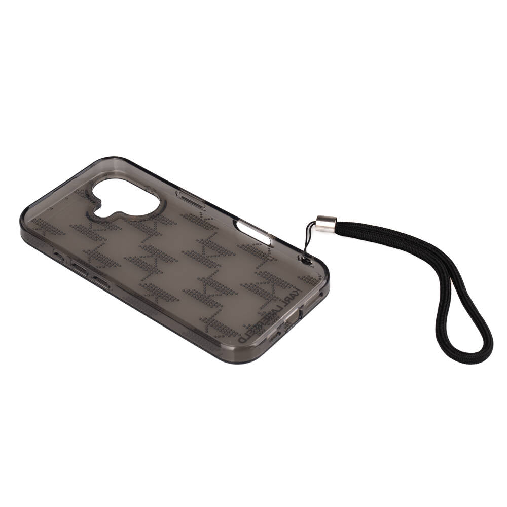 iPhone 16 Kılıf Karl Lagerfeld Orjinal Lisanslı KL Desenli Saydam Bilek Askı İpli Klasik Logolu Kılıf