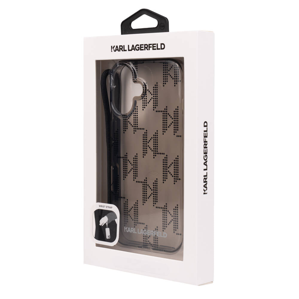 iPhone 16 Kılıf Karl Lagerfeld Orjinal Lisanslı KL Desenli Saydam Bilek Askı İpli Klasik Logolu Kılıf