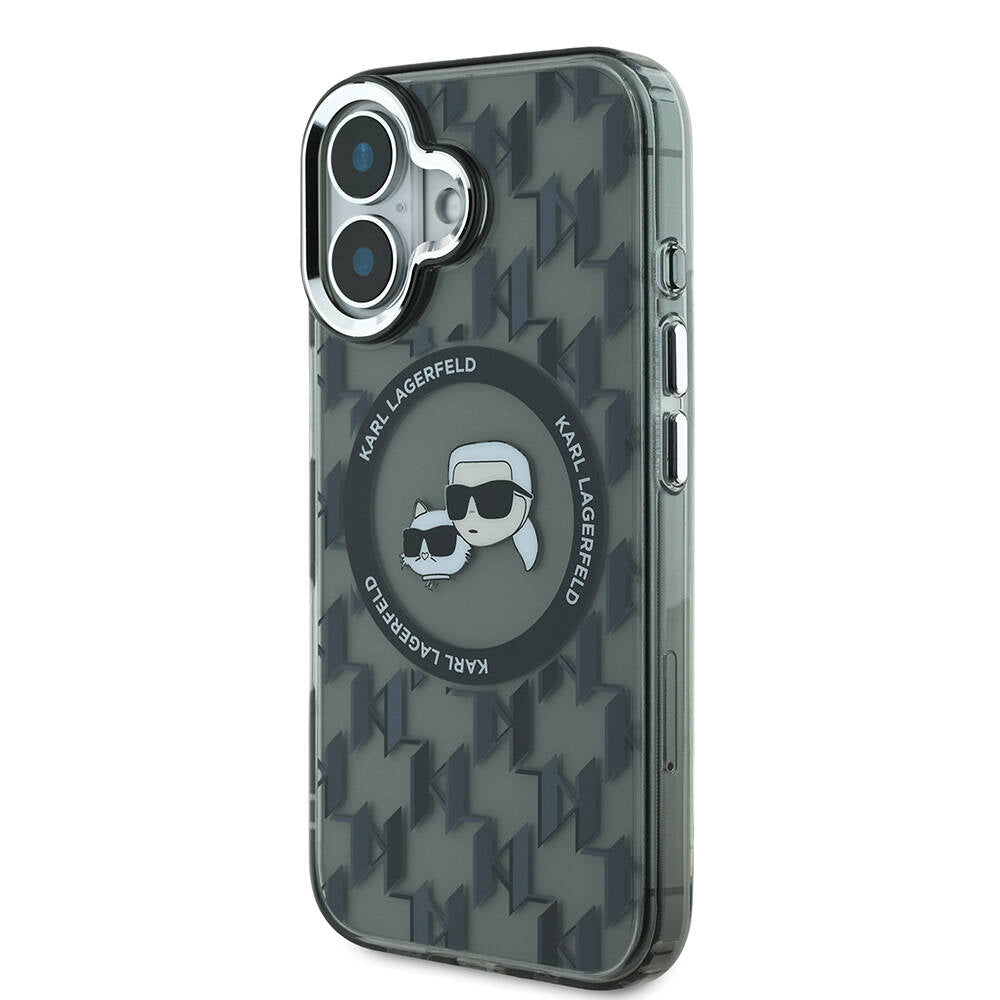 Apple iPhone 16 Kılıf Karl Lagerfeld Orjinal Lisanslı Magsafe Şarj Özellikli IML Baskılı Metal Monogram KC Heads Kapak Siyah