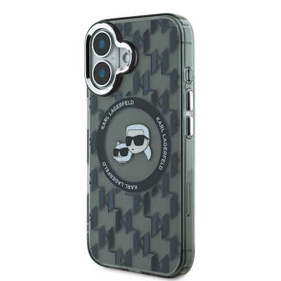 Apple iPhone 16 Kılıf Karl Lagerfeld Orjinal Lisanslı Magsafe Şarj Özellikli IML Baskılı Metal Monogram KC Heads Kapak Siyah