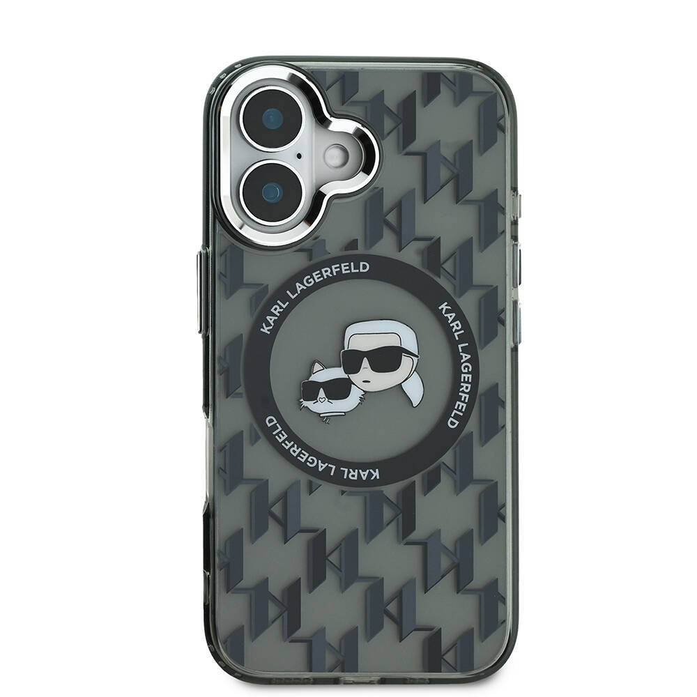 Apple iPhone 16 Kılıf Karl Lagerfeld Orjinal Lisanslı Magsafe Şarj Özellikli IML Baskılı Metal Monogram KC Heads Kapak Siyah
