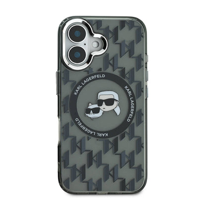 Apple iPhone 16 Kılıf Karl Lagerfeld Orjinal Lisanslı Magsafe Şarj Özellikli IML Baskılı Metal Monogram KC Heads Kapak Siyah