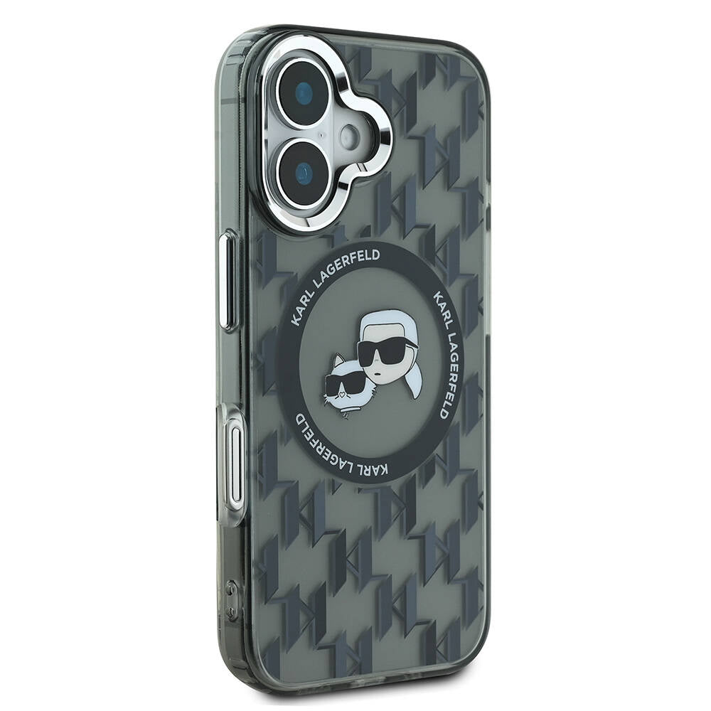 Apple iPhone 16 Kılıf Karl Lagerfeld Orjinal Lisanslı Magsafe Şarj Özellikli IML Baskılı Metal Monogram KC Heads Kapak Siyah