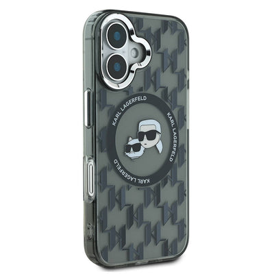Apple iPhone 16 Kılıf Karl Lagerfeld Orjinal Lisanslı Magsafe Şarj Özellikli IML Baskılı Metal Monogram KC Heads Kapak Siyah