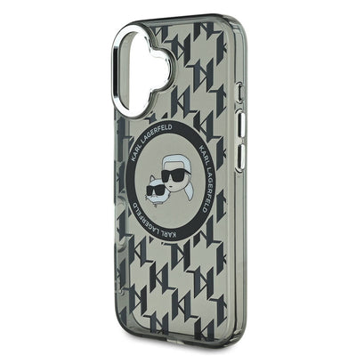 Apple iPhone 16 Kılıf Karl Lagerfeld Orjinal Lisanslı Magsafe Şarj Özellikli IML Baskılı Metal Monogram KC Heads Kapak Siyah