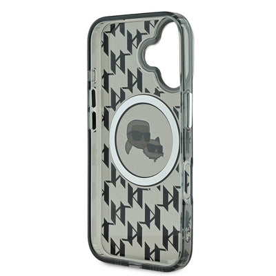 Apple iPhone 16 Kılıf Karl Lagerfeld Orjinal Lisanslı Magsafe Şarj Özellikli IML Baskılı Metal Monogram KC Heads Kapak Siyah
