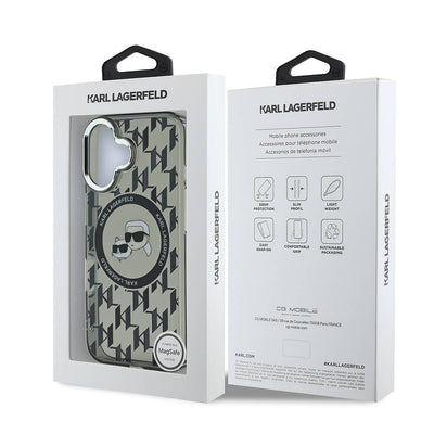 Apple iPhone 16 Kılıf Karl Lagerfeld Orjinal Lisanslı Magsafe Şarj Özellikli IML Baskılı Metal Monogram KC Heads Kapak Siyah