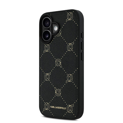 Apple iPhone 16 Kılıf Karl Lagerfeld Orjinal Lisanslı Magsafe Şarj Özellikli PU Deri Karl Heads Desenli Klasik Logolu Kapak Siyah